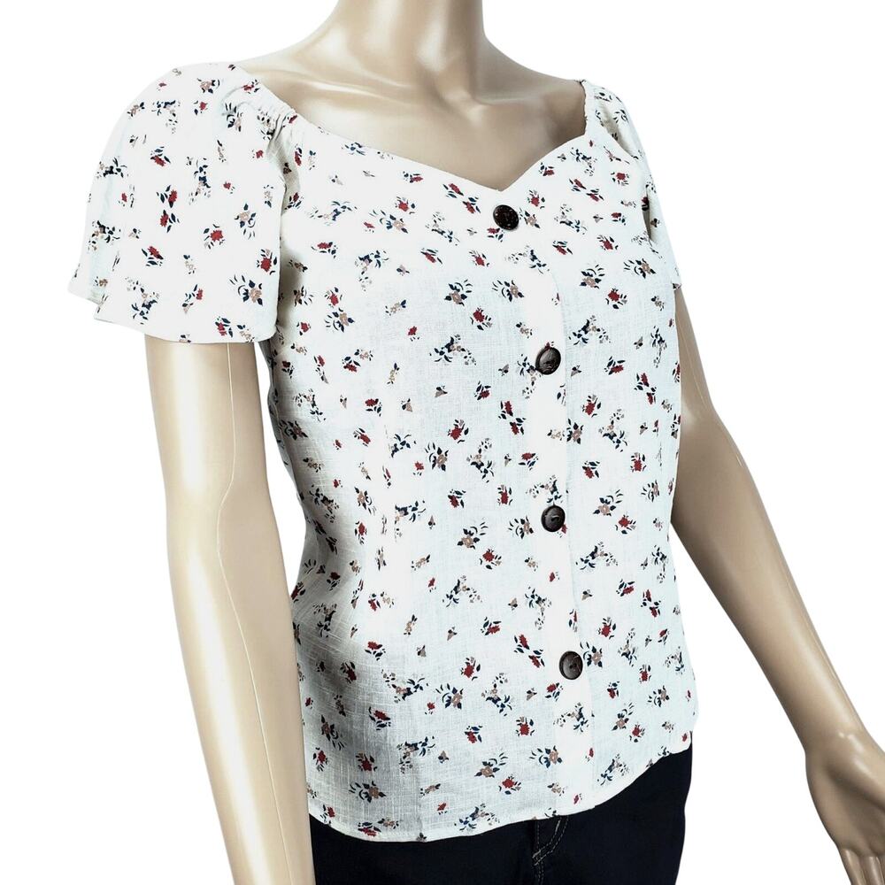 Monteau Ivory Floral Linen Blend Whimsy Top S Sweetheart Neck Fairy Cottage NWT